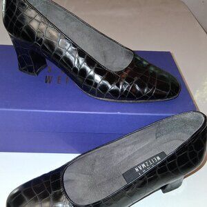 EUC Stuart Weitzman Black Croc Embossed Leather Block Heel Pump w/Box size 7M